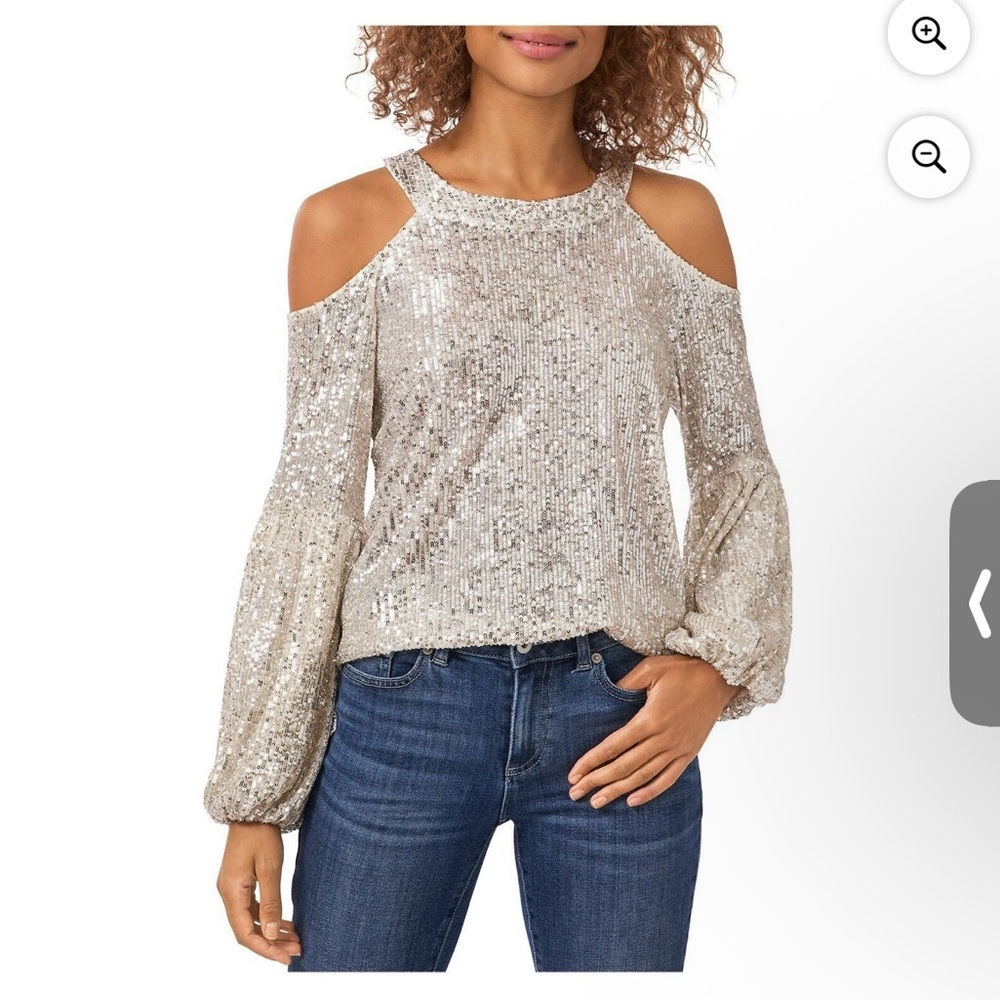 CeCe Sequin Beige Cold Shoulder Top